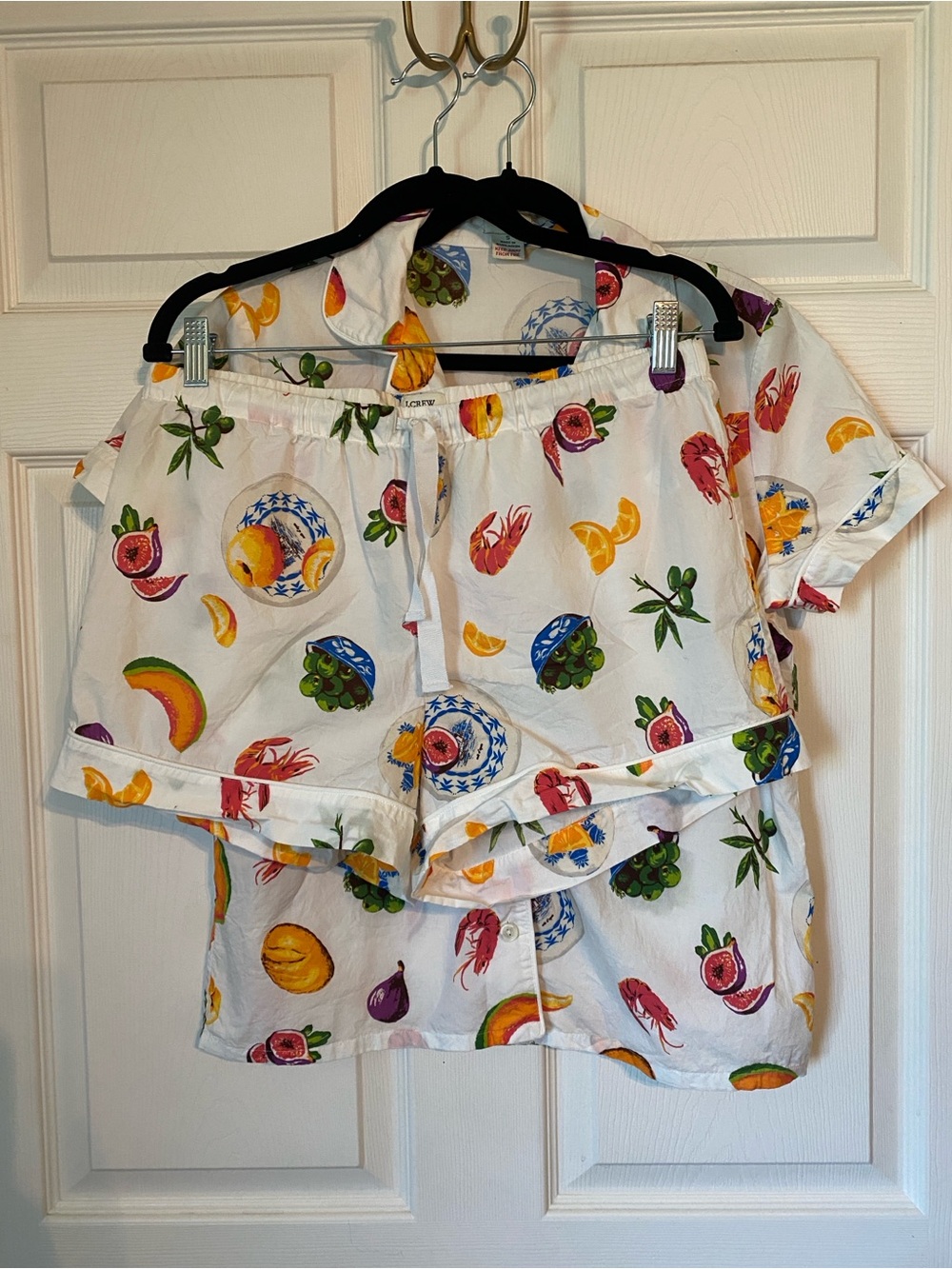 J. Crew White Fruit Olive Print Cotton Pajama Set with Scarf - Picture 3 of 12